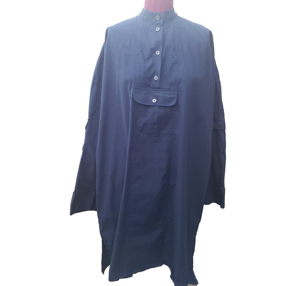 Nehera Shirt Dress 8 Navy Band Collar Long Sleeve Pockets Popover Tunic